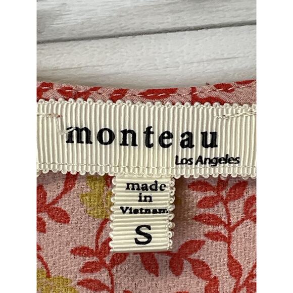 Monteau Blouse Womens Small Pink Red Yellow Floral Short Sleeve Wrap Peplum Top - Picture 5 of 7